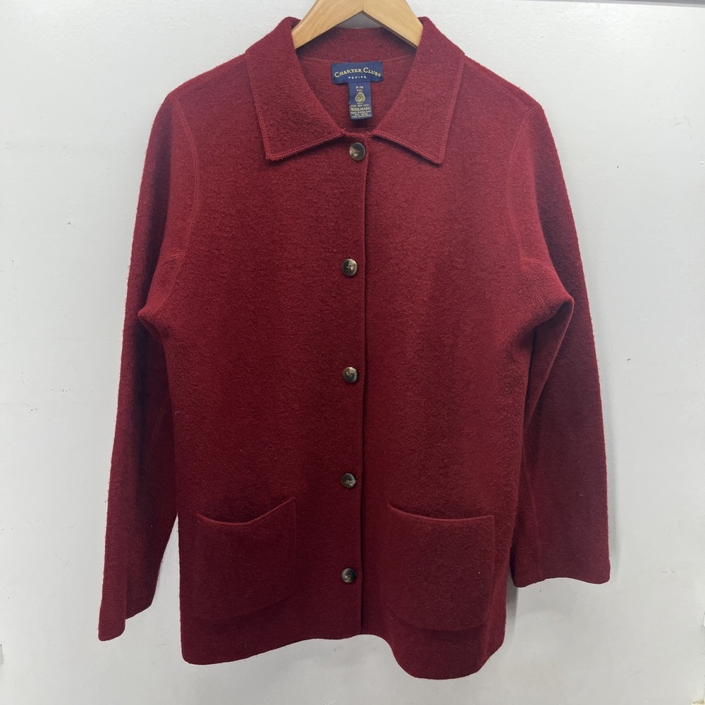 Vintage Charter Club Collared Cardigan Womens Petite Med Red Button Up 100% Wool - Picture 2 of 15